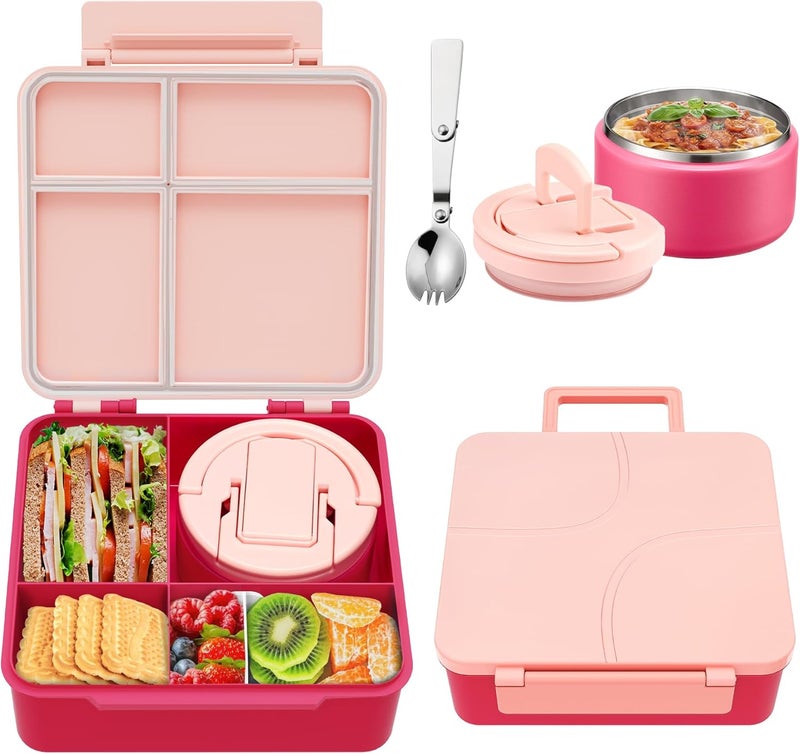 Howeemo Bento Lunch Box for Kids with 8oz Soup Thermo,Kids Leakproof Lunch Food Containers with 4 Compartment,Kid Insulated Thermo Hot Food Jar for School,Trvael-Pink - Image 1